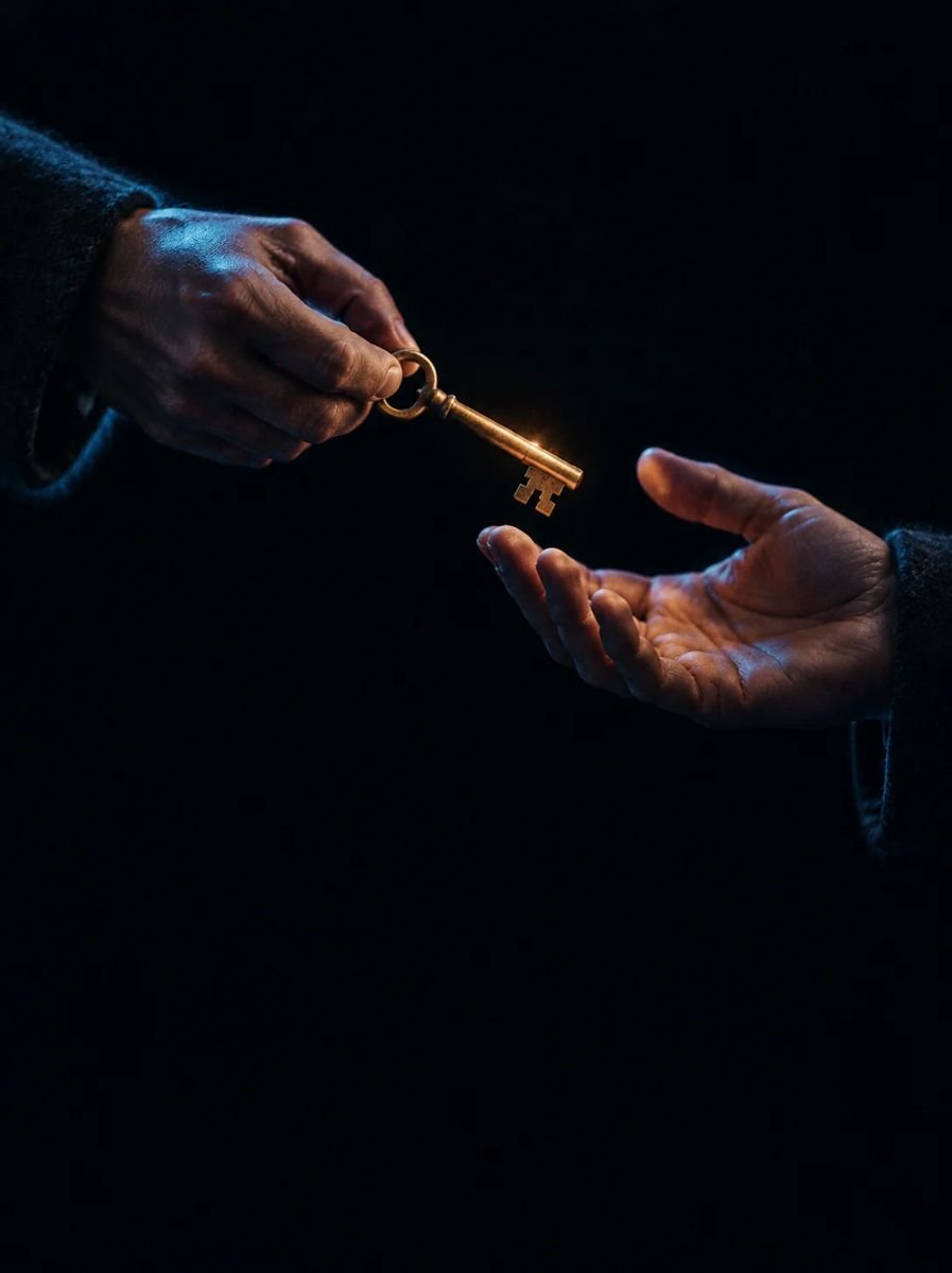 Una mano consegna una chiave d'ottone a un'altra mano