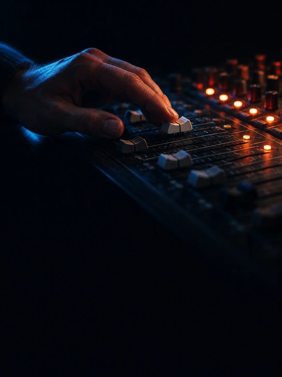 Una mano sui cursori di un mixer con luci arancioni